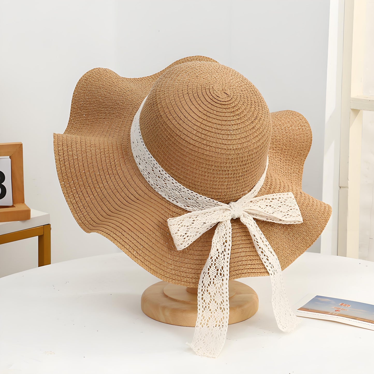 AEDAMURRA Women Straw Hats Beach Hats for Women, Sun Hats for Women Wide Brim UPF 50+ Soft with Sun Glasses Ribbon Khaki
