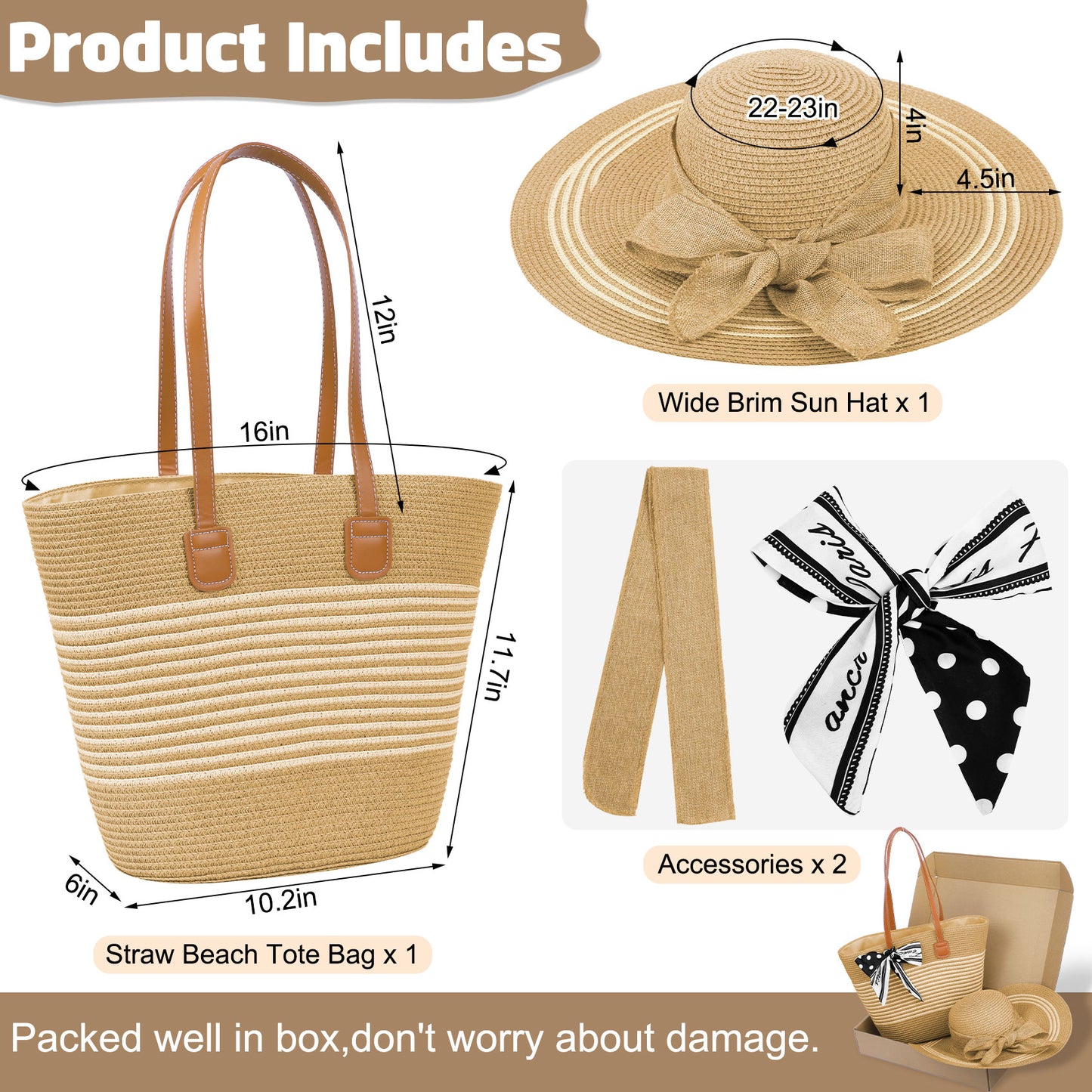 AEDAMURRA Woman Straw Hat Beach Hat, Sun Hats for Women Summer Hats Floppy UPF 50+ Soft with Sun Glasses Ribbon Khaki