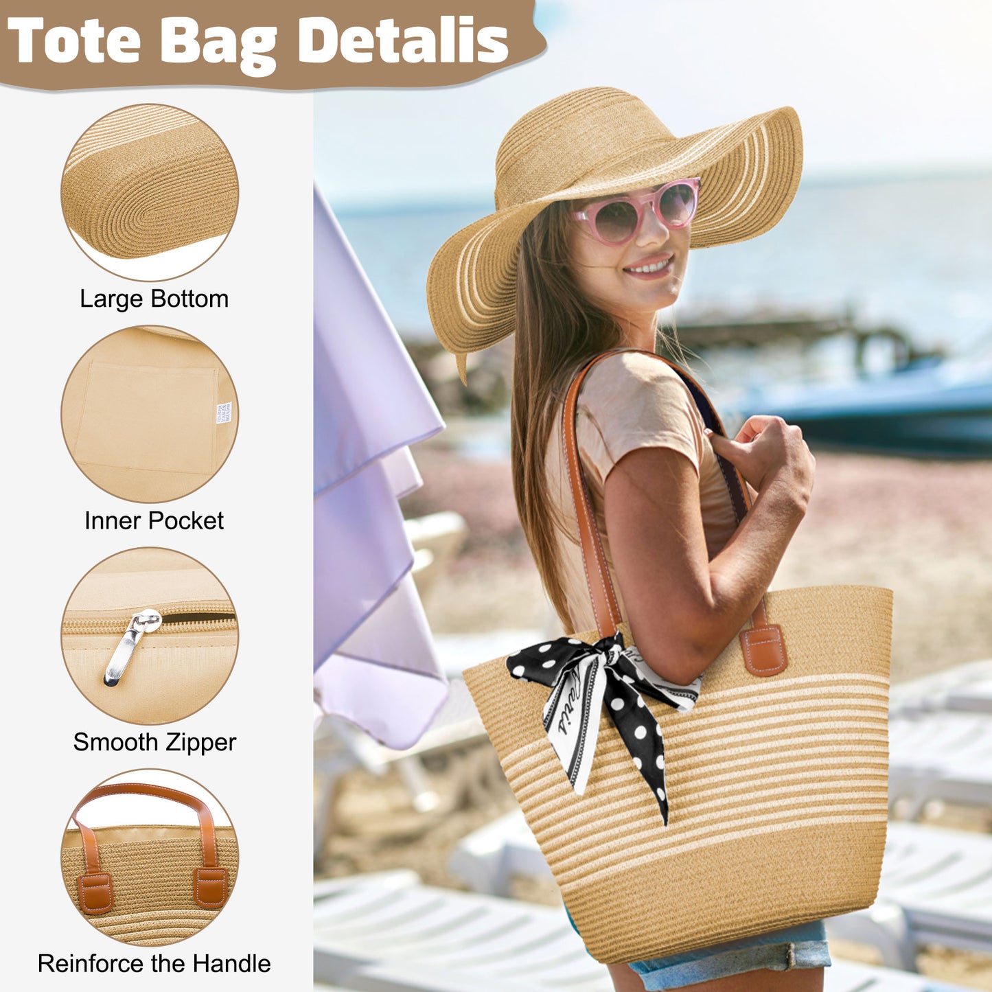 AEDAMURRA Woman Straw Hat Beach Hat, Sun Hats for Women Summer Hats Floppy UPF 50+ Soft with Sun Glasses Ribbon Khaki