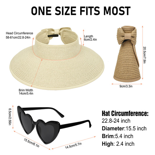 AEDAMURRA 2 Pcs Women Sun Straw Hats Beach Hat for Woman, Summer Hat UPF 50+ Foldable Floppy hats with Glasses Khaki and Beige