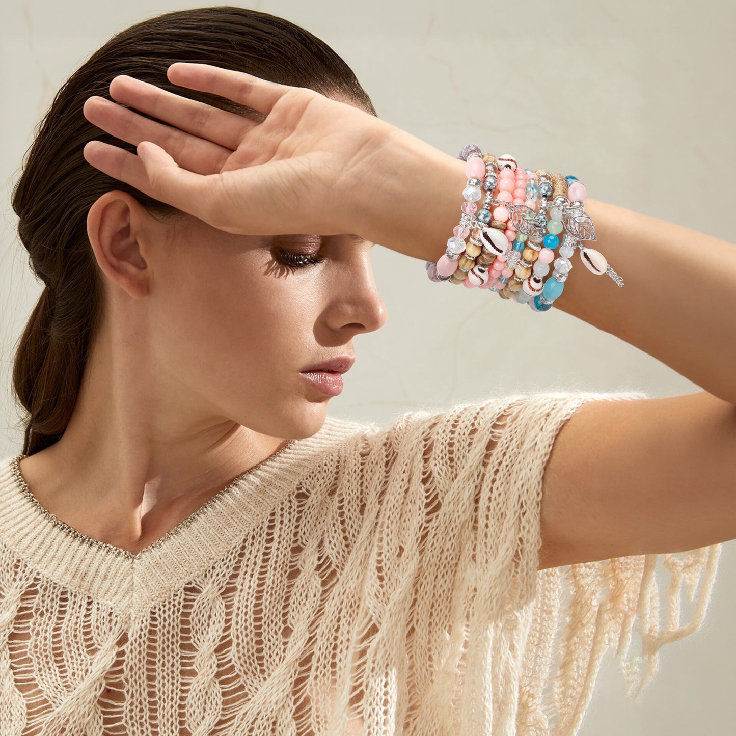 AEDAMURRA Bracelets for Women, Bohemian Stackable Stretch Retro Gifts Jewelry Colored and Pink