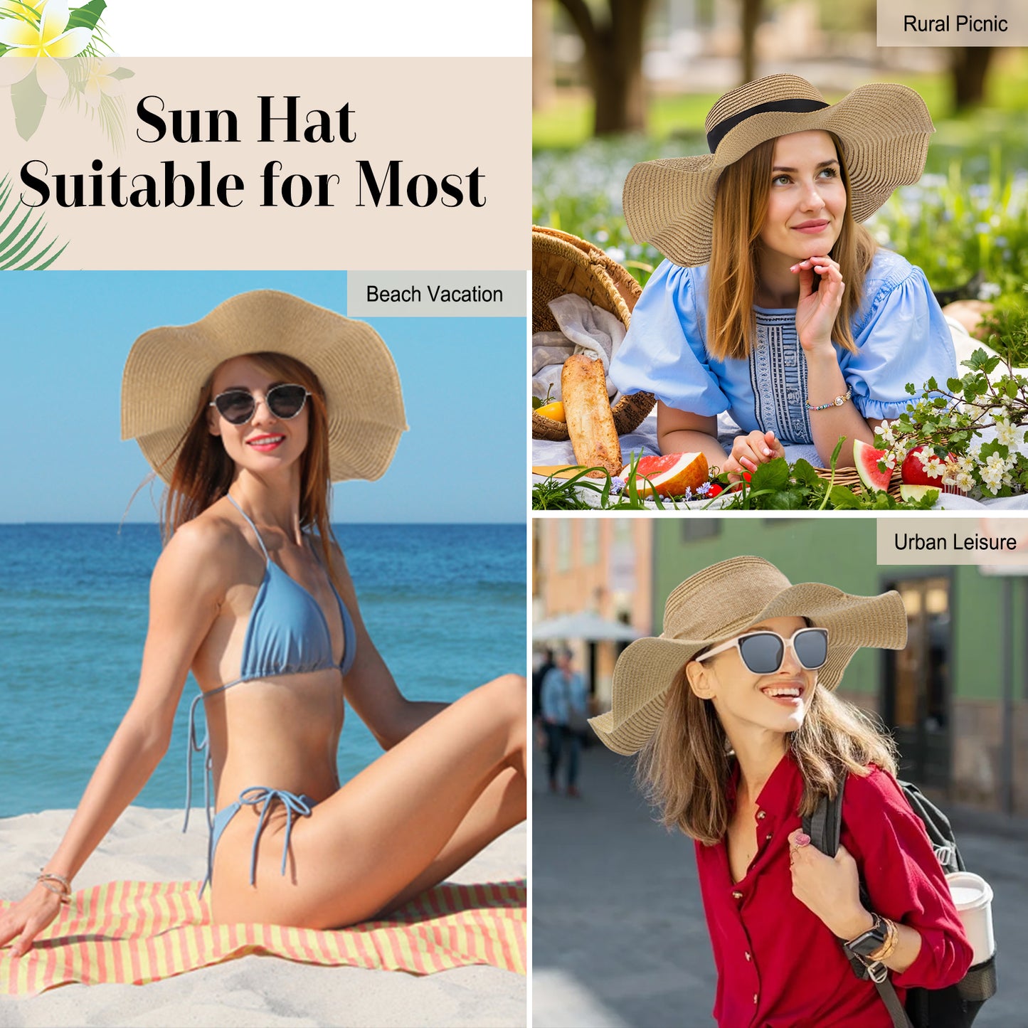 AEDAMURRA Straw Hats and Bag for women Beach Hat, Sun Hat for Women Women Summer Hat Wide Brim UPF 50+ Khaki