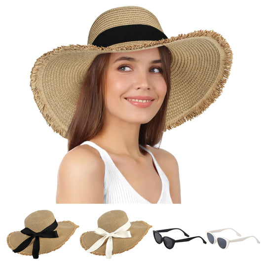 AEDAMURRA Women Straw Hats Beach Hats for Women, Sun Hats for Women Wide Brim UPF 50+ Soft with Sun Glasses Ribbon Khaki