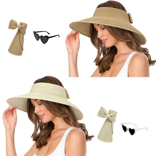 AEDAMURRA 2 Pcs Women Sun Straw Hats Beach Hat for Woman, Summer Hat UPF 50+ Foldable Floppy hats with Glasses Khaki and Beige