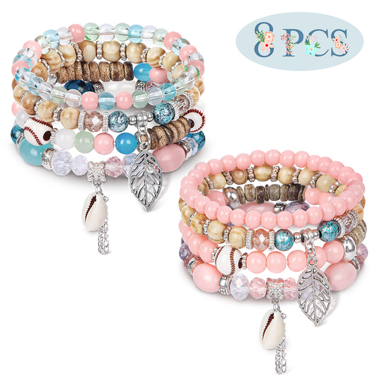 AEDAMURRA Bracelets for Women, Bohemian Stackable Stretch Retro Gifts Jewelry Colored and Pink