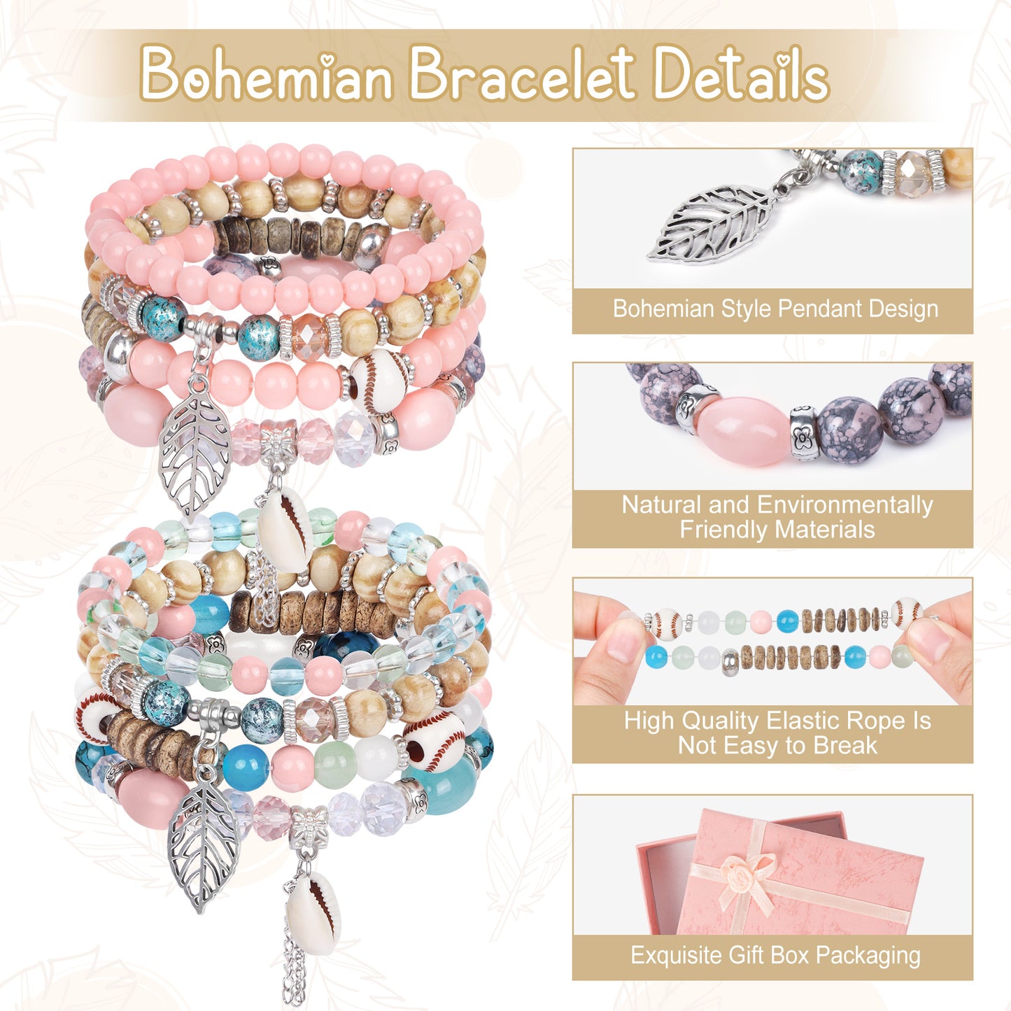 AEDAMURRA Bracelets for Women, Bohemian Stackable Stretch Retro Gifts Jewelry Colored and Pink