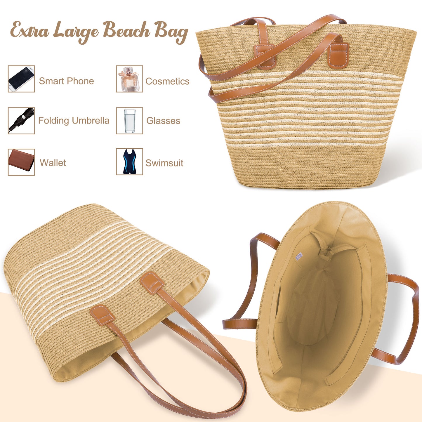AEDAMURRA Woman Straw Hat Beach Hat, Sun Hats for Women Summer Hats Floppy UPF 50+ Soft with Sun Glasses Ribbon Khaki