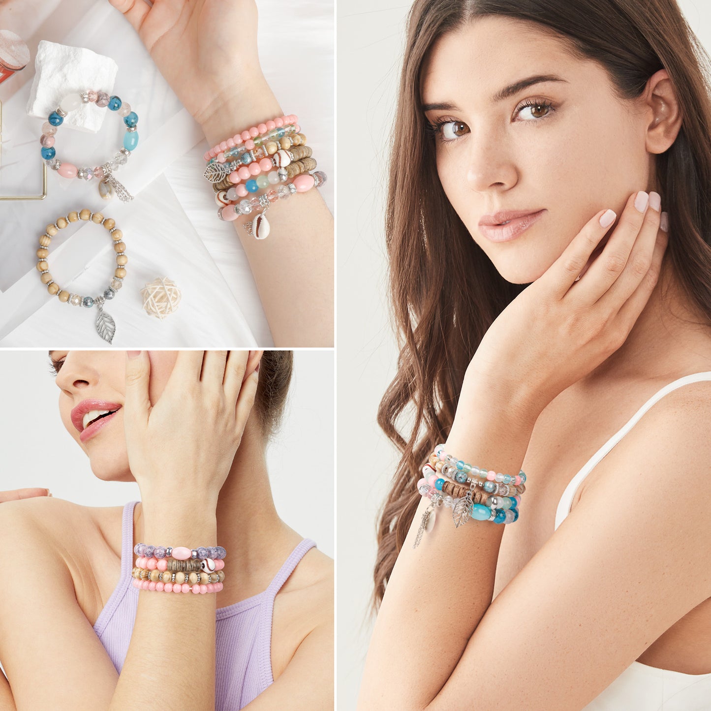 AEDAMURRA Bracelets for Women, Bohemian Stackable Stretch Retro Gifts Jewelry Colored and Pink