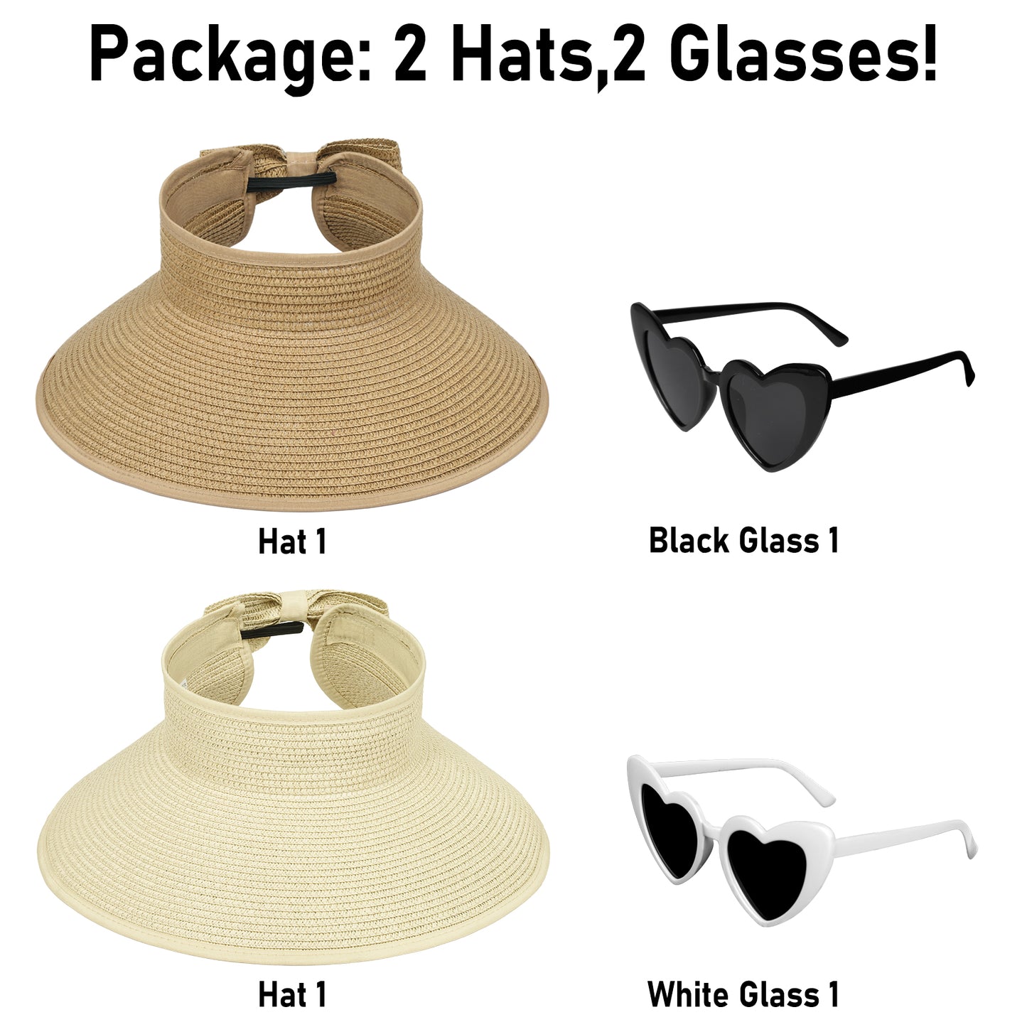 AEDAMURRA 2 Pcs Women Sun Straw Hats Beach Hat for Woman, Summer Hat UPF 50+ Foldable Floppy hats with Glasses Khaki and Beige