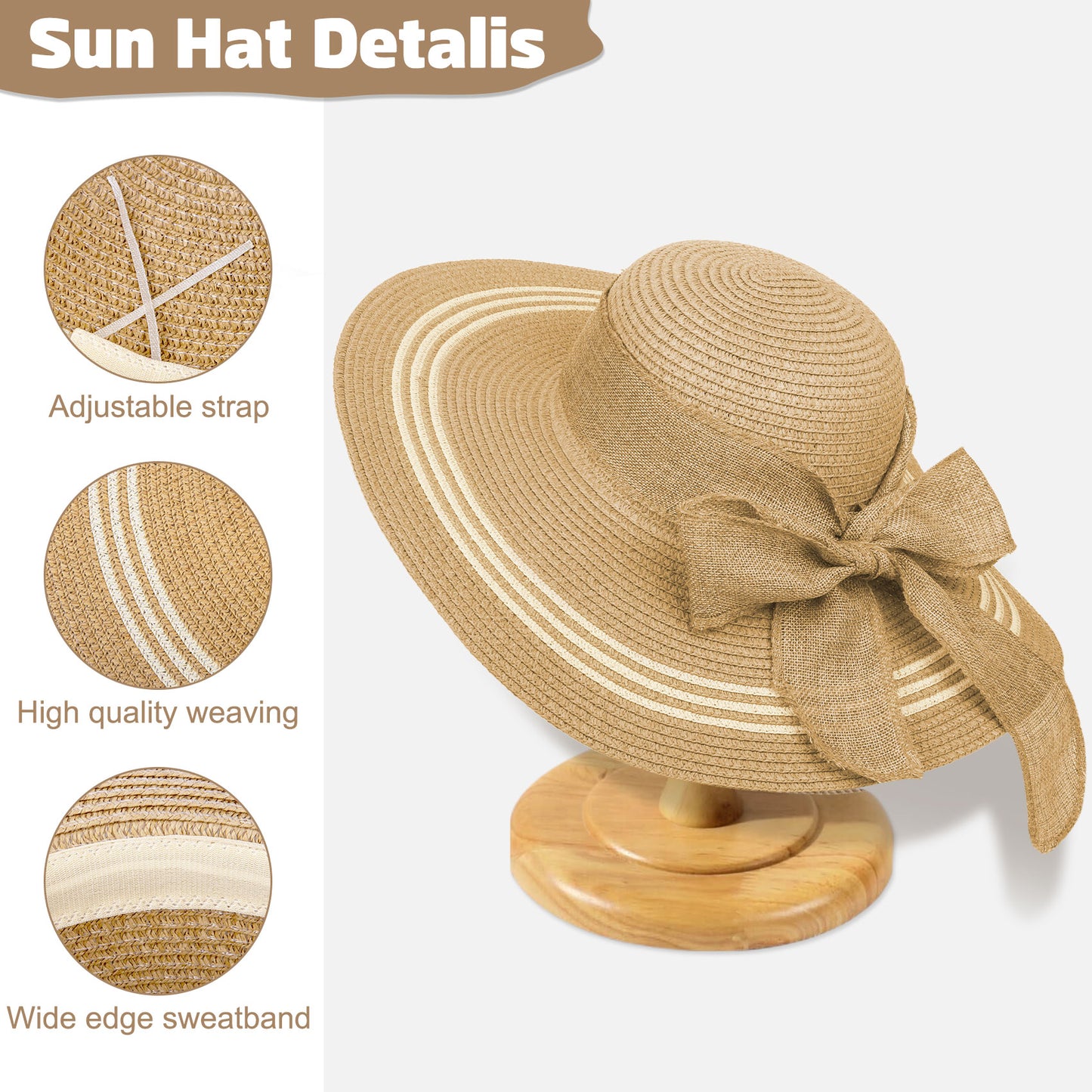 AEDAMURRA Woman Straw Hat Beach Hat, Sun Hats for Women Summer Hats Floppy UPF 50+ Soft with Sun Glasses Ribbon Khaki