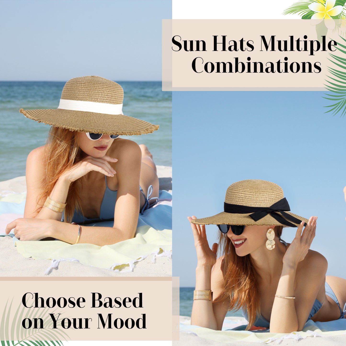 AEDAMURRA Women Straw Hats Beach Hats for Women, Sun Hats for Women Wide Brim UPF 50+ Soft with Sun Glasses Ribbon Khaki