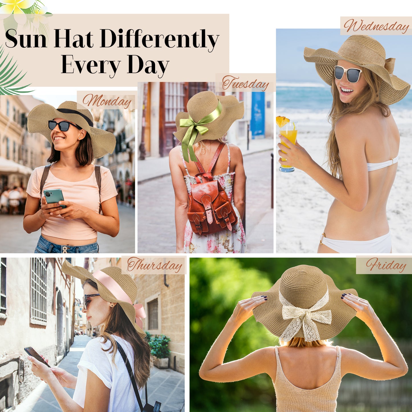 AEDAMURRA Straw Hats and Bag for women Beach Hat, Sun Hat for Women Women Summer Hat Wide Brim UPF 50+ Khaki