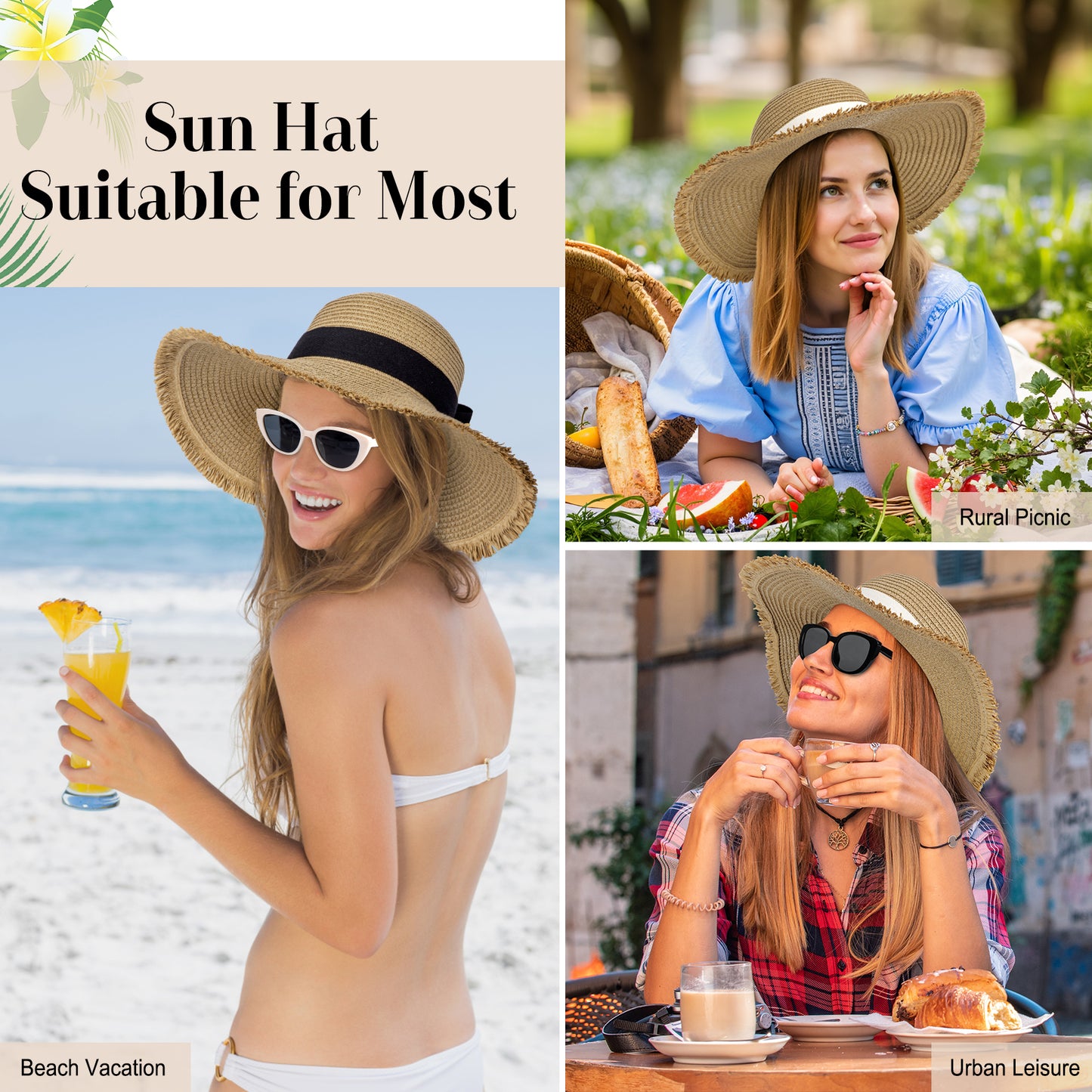 AEDAMURRA Women Straw Hats Beach Hats for Women, Sun Hats for Women Wide Brim UPF 50+ Soft with Sun Glasses Ribbon Khaki