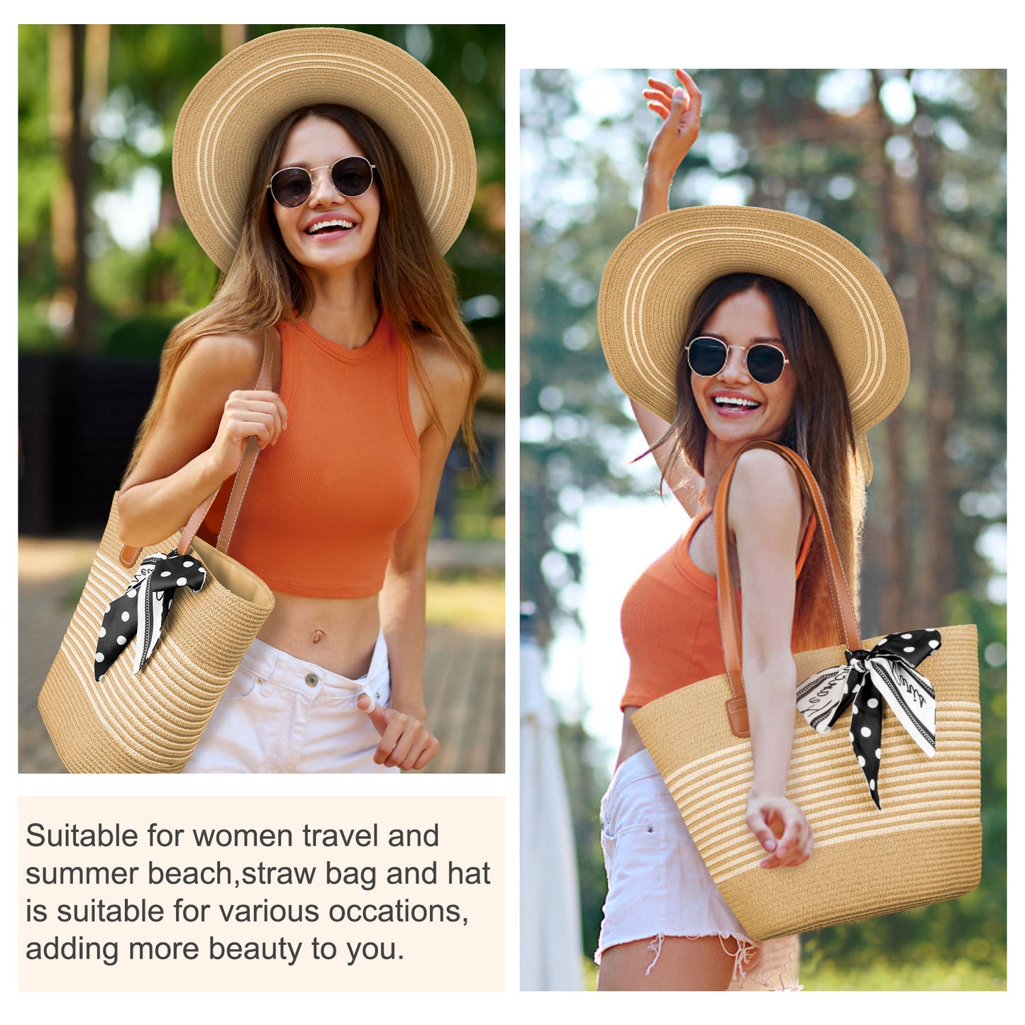 AEDAMURRA Woman Straw Hat Beach Hat, Sun Hats for Women Summer Hats Floppy UPF 50+ Soft with Sun Glasses Ribbon Khaki