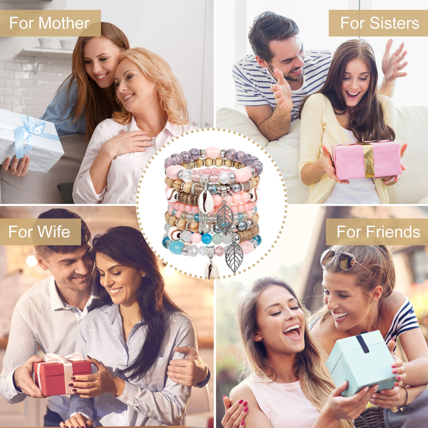 AEDAMURRA Bracelets for Women, Bohemian Stackable Stretch Retro Gifts Jewelry Colored and Pink