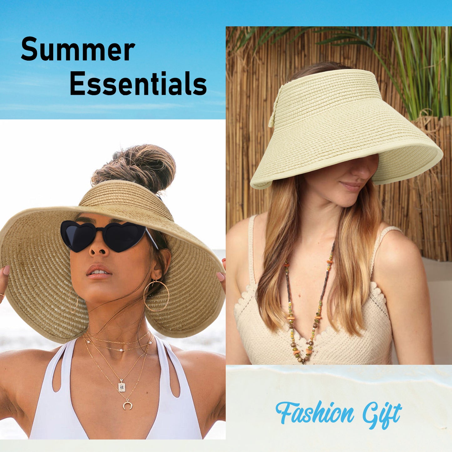 AEDAMURRA 2 Pcs Women Sun Straw Hats Beach Hat for Woman, Summer Hat UPF 50+ Foldable Floppy hats with Glasses Khaki and Beige