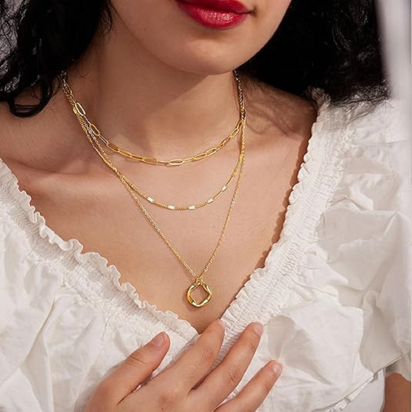 AEDAMURRA 14K Gold Layered Gold Necklaces for Women Circle Paperclip Chain Stackable Dainty