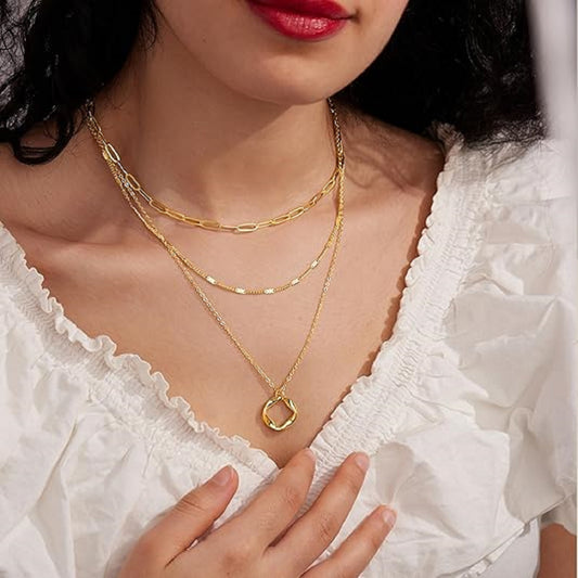 AEDAMURRA 14K Gold Layered Gold Necklaces for Women Circle Paperclip Chain Stackable Dainty